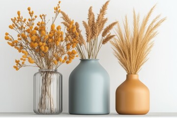 A 2D flat render of a product showcase with a modern aesthetic, featuring sleek metallic objects and soft, even lighting on a white background