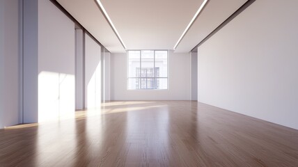 Fototapeta premium A bright, spacious room with wooden flooring, large windows, and minimalistic design, creating an inviting and modern atmosphere.