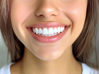Obraz premium Bright smile of a young woman with perfect teeth in a close-up portrait in natural light setting