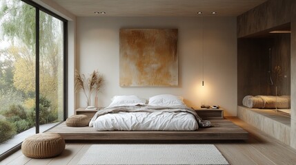 Modern minimalist bedroom with wooden platform bed, large window, and artwork.