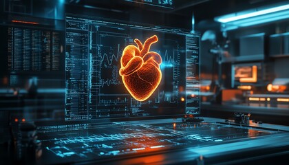 Holographic glowing heart in futuristic lab setting, surrounded by hightech screens, scientific instruments, and sleek design