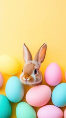 Hovering Easter eggs, fluffy white bunny in the foreground, soft peach background, open yellow space for promotional text.