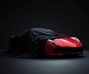 Red sports car covered in black fabric reveals anticipation for an exciting launch event ahead