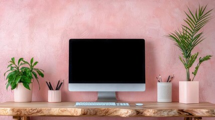 Pink wall home office desk setup with computer, plants