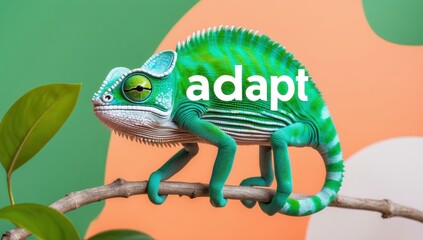 Green chameleon with yellow eyes on branch adapting change concept, creative nature background, environmental awareness, wildlife stock photo for education, design, presentation, ecology theme pastel