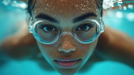 Fototapeta premium A close-up of a swimmer underwater, showcasing concentration and clarity.