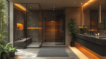 Modern luxury bathroom with glass shower, double vanity, and plants.