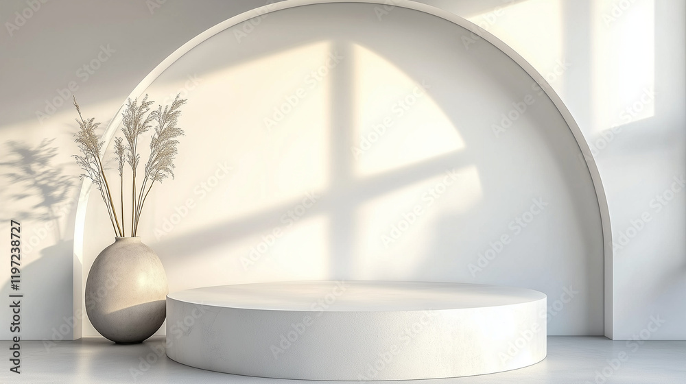 Poster Minimal 3D render of a white podium with an elegant arch in the background. Modern product display scene featuring a round stone platform, natural light from a window, and a clean white interior wall 