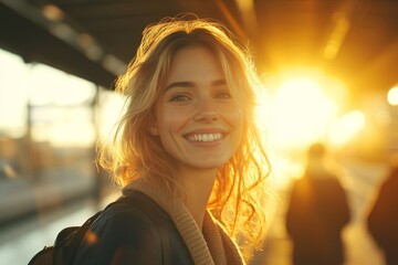 Young happy businesswoman arriving at train station. Generative AI