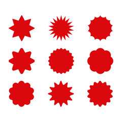 Set of red starburst. Price sticker, sale sticker, price tag, starburst, quality mark, retro stars, sale or discount sticker, sunburst badges, sun ray frames, promotional badge set, shopping labels