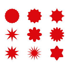 Set of red starburst. Price sticker, sale sticker, price tag, starburst, quality mark, retro stars, sale or discount sticker, sunburst badges, sun ray frames, promotional badge set, shopping labels
