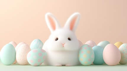 Hovering Easter eggs, fluffy white bunny in the foreground, soft peach background, open yellow space for promotional text.