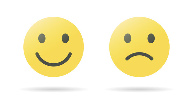 Happy and sad face emoji icon in flat style. Smile and frown facial emoticon sign symbol