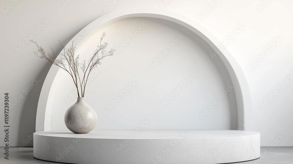 Poster Minimal 3D render of a white podium with an elegant arch in the background. Modern product display scene featuring a round stone platform, natural light from a window, and a clean white interior wall 