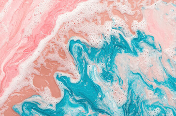 Fototapeta premium Abstract pink and blue fluid art with bubbles and swirls, creating vibrant and dynamic texture