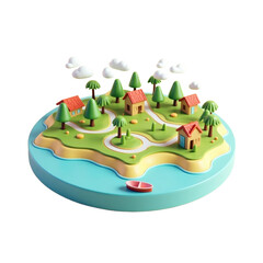 whimsical 3d rendering of a charming island village with pastel houses and lush trees