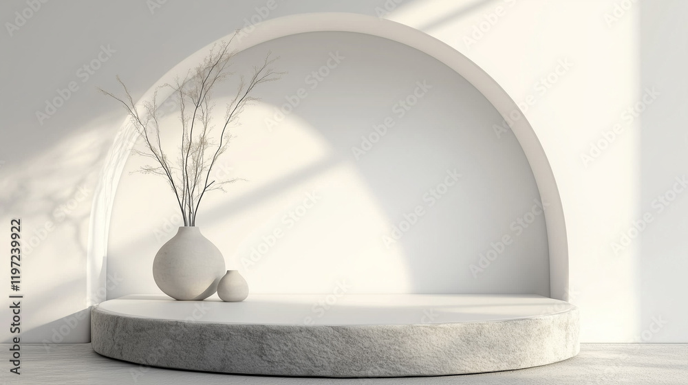 Poster Minimal 3D render of a white podium with an elegant arch in the background. Modern product display scene featuring a round stone platform, natural light from a window, and a clean white interior wall 
