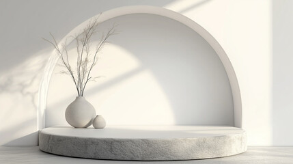 Minimal 3D render of a white podium with an elegant arch in the background. Modern product display scene featuring a round stone platform, natural light from a window, and a clean white interior wall 