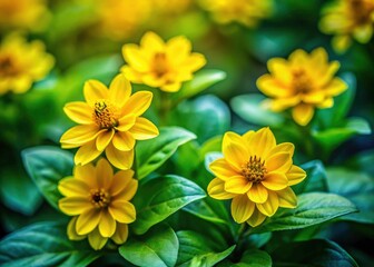 Fototapeta premium Close-up tilt-shift magic reveals tiny yellow five-petal flowers nestled in vibrant green foliage.