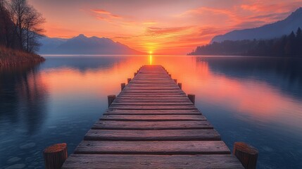 Fototapeta premium Serene sunrise over calm lake with wooden dock extending to the sun.