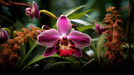 Close-up of a vibrant purple and pink orchid blossom with white spots, surrounded by lush green leaves and darker foliage in a garden s