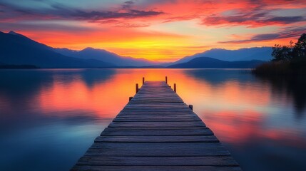 Obraz premium Serene sunset over calm lake with wooden dock extending into vibrant colors.