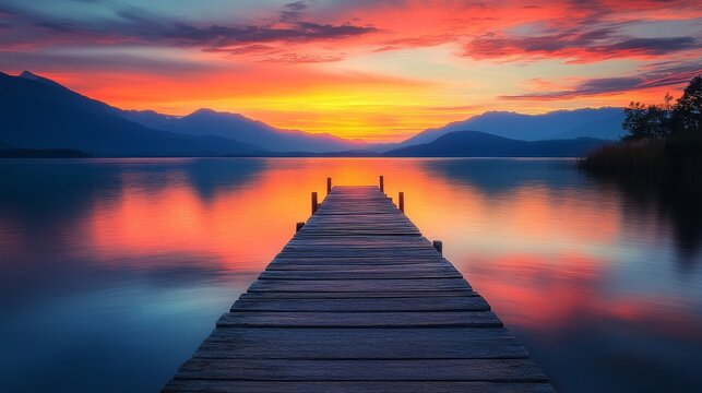 Serene sunset over calm lake with wooden dock extending into vibrant colors.
