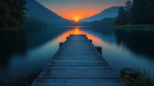 Serene sunrise over calm lake with wooden dock.