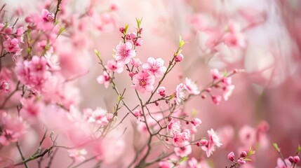 Obraz premium A soft-focus image of delicate pink flowers on branches creates a serene atmosphere, perfect for spring-themed projects, greeting cards, or nature blogs, Ideal for evoking beauty and tranquility,