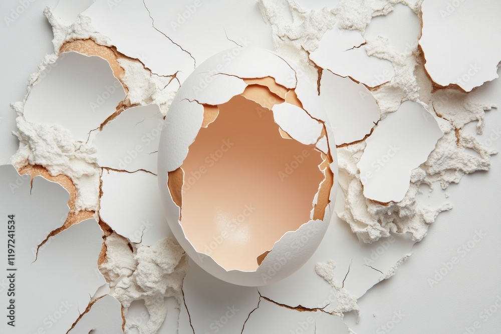 Poster a clean and simple depiction of a cracked eggshell, symbolizing fragility and vulnerability, drawn o
