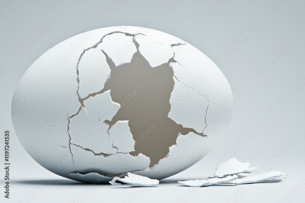 Poster a clean and simple depiction of a cracked eggshell, symbolizing fragility and vulnerability, drawn o