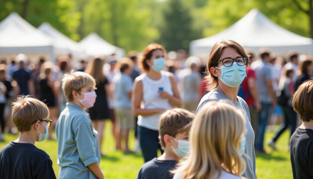 Masked attendees gathering outdoors at public event, spring health awareness