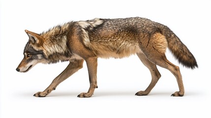 Red wolf walking, isolated on white background.