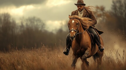 Man in hat riding chestnut horse through field.