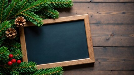 A Rustic Wooden Surface with Evergreen Branches, Pine Cones, Holly Berries, and a Blank Chalkboard Sign Ready for Your Festive Message