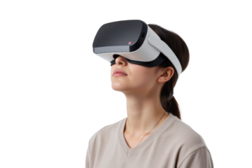 Asian Woman is enjoying the virtual world using VR glasses, isolated on a transparent background