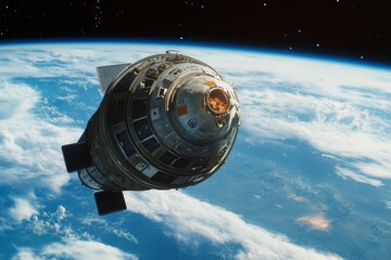 Spacecraft above the earth; dark sky with stars.