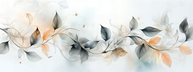 An abstract arrangement of ornamental leaves in a flowing pattern, highlighted with subtle metallic accents and soft pastel hues, displayed on a pristine white background.