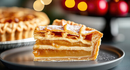 Slice of golden, layered apple pie dusted with powdered sugar on gray plate