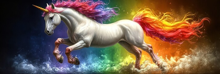 Magical rainbow unicorn galloping.