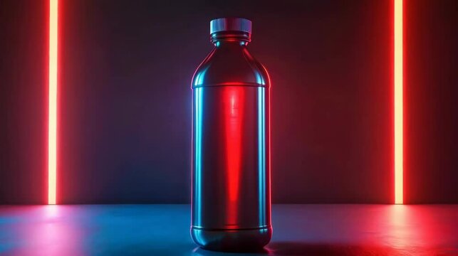A tin bottle of energy drink illuminated by red neon light	