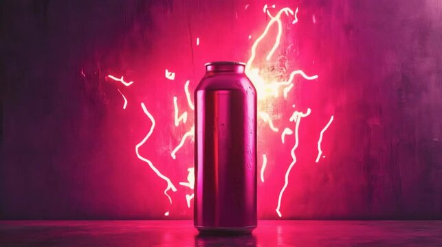 A tin bottle of energy drink illuminated by red neon light	