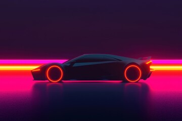 Futuristic Car Silhouette with Neon Lights in Dark Environment