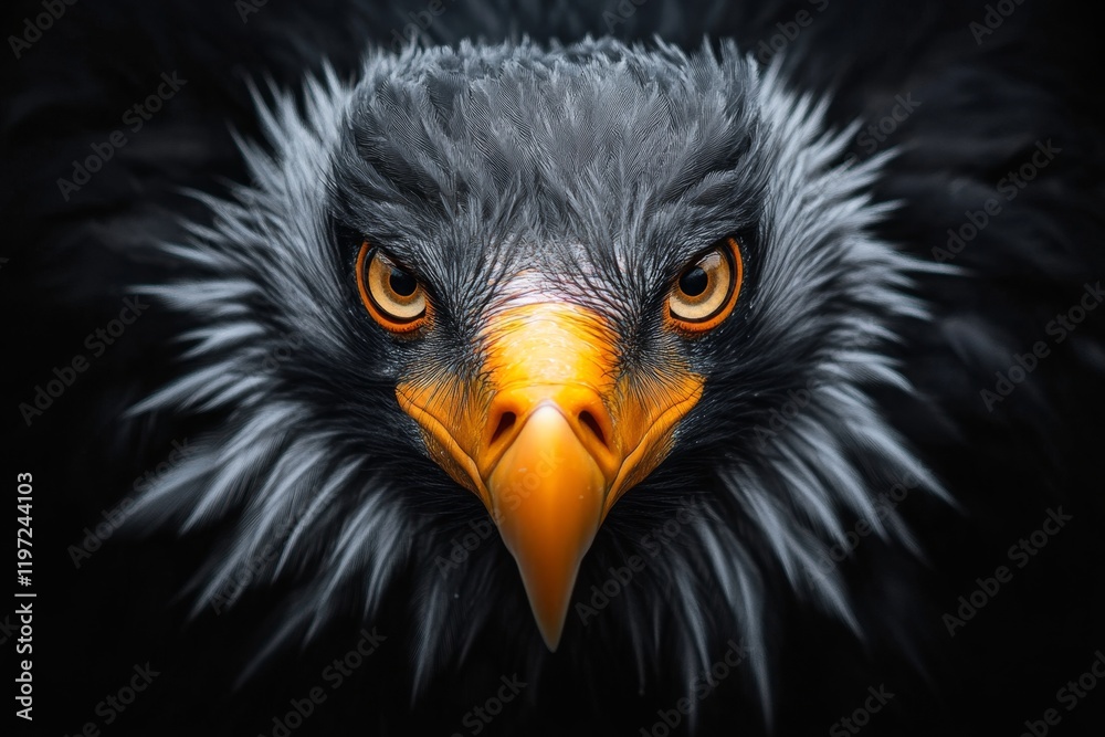 Poster A close-up of a vulture intense eyes, with the surrounding textures of its face and feathers in sharp focus