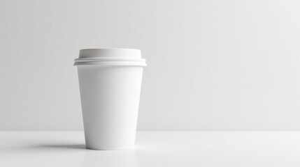 A simple white disposable cup sits on a plain white surface against a white background