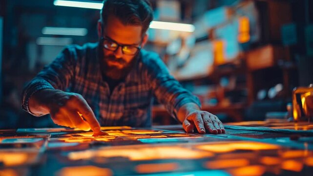 Bearded artist exploring AI-generated artwork in a modern workspace. The intersection of creativity and artificial intelligence.