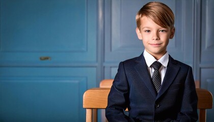 Child in school uniform poses confidently in a classroom setting during school hours