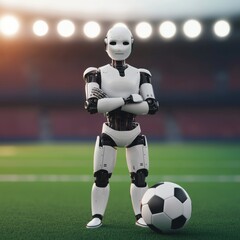 Fototapeta premium Robot Soccer Player Standing Confidently on Green Field