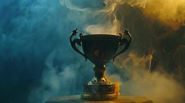 Golden cup on isolated black background with smoke	