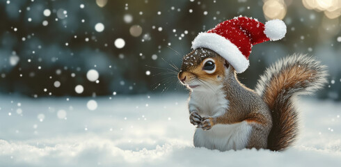Fototapeta premium Adorable squirrel wearing Santa hat in snowy landscape, creating festive atmosphere